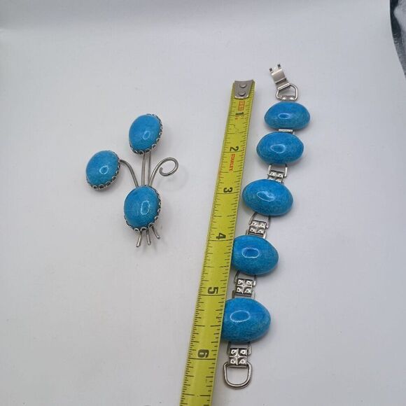 Vintage Estate Turquoise Blue Glass Bracelet Brooch Set Floral Spray Cabochon - Picture 6 of 7